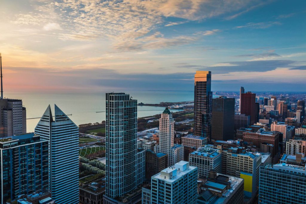 Shore with skyscrapers 
